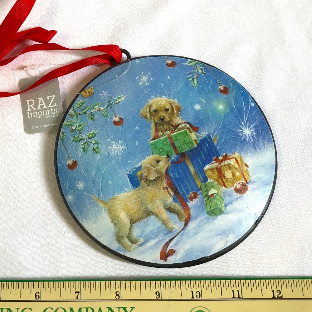 Raz Christmas Ornament Puppy Dogs and Presents 6 in Round New With Tags